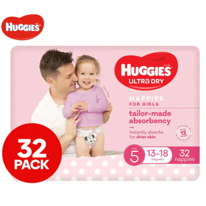 Huggies Ultra Dry Nappies for Girls Size 5 Walker (13-18kg) | Pack of 32 - Image 2