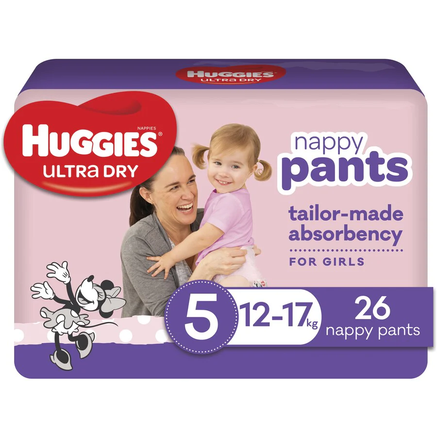Huggies Ultra Dry Nappy Pants for Girls Size 5 Walker (12-17kg) | Pack of 26