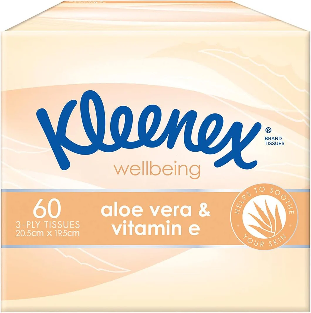 Kleenex Facial Tissues Aloe Vera & Vitamin E 3 Ply, 60 tissues per pack | Carton of 12 packets