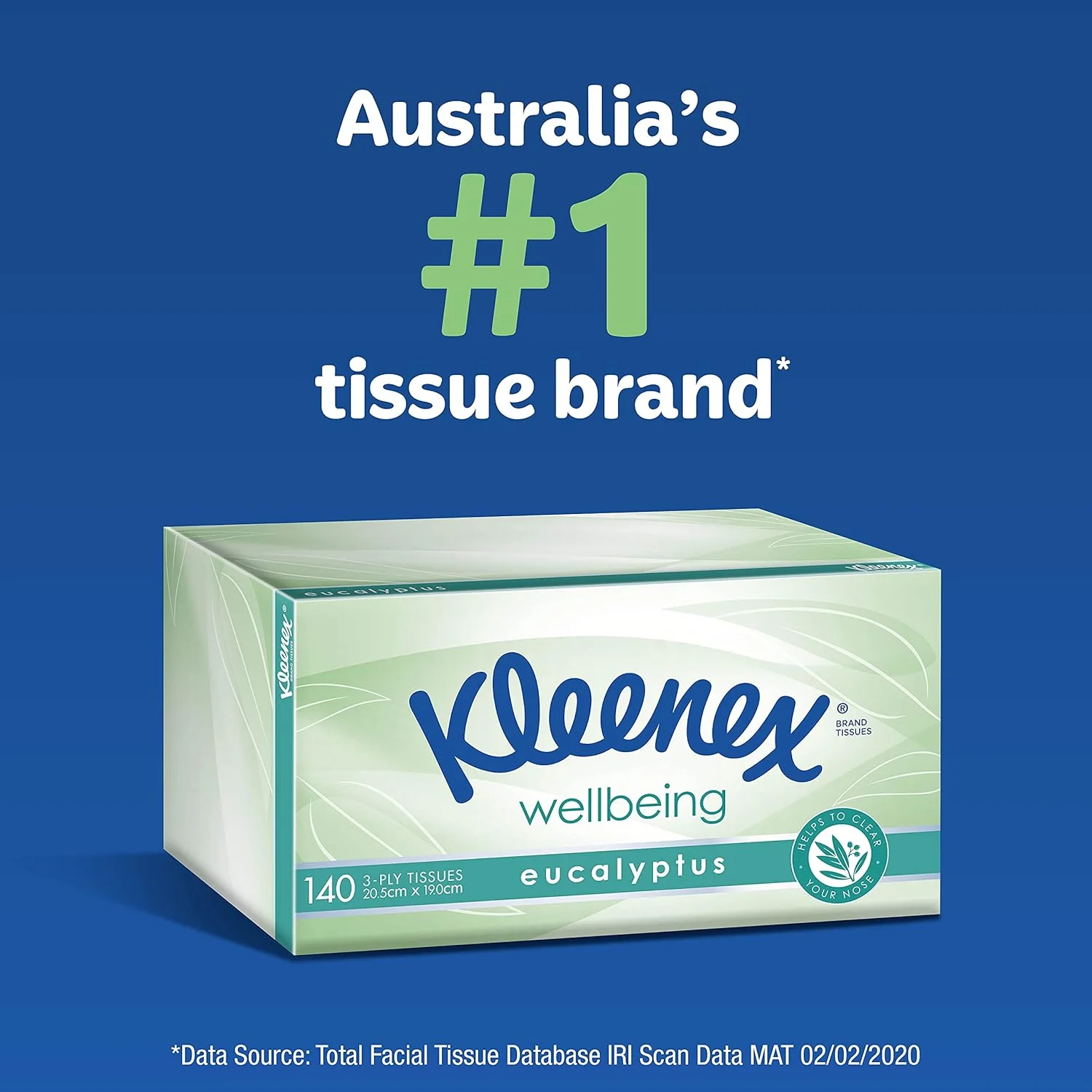 Kleenex Facial Tissues Eucalyptus 3 ply, Packs of 140 | Carton of 24 packets - Image 2
