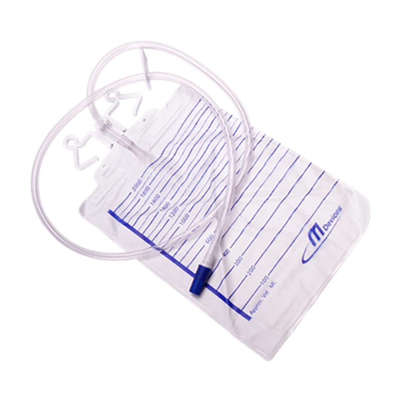 MDevices Urine Bag 2000mL Non-Return Valve with Hanger 120cm Tubing (No Outlet) | Carton of 50