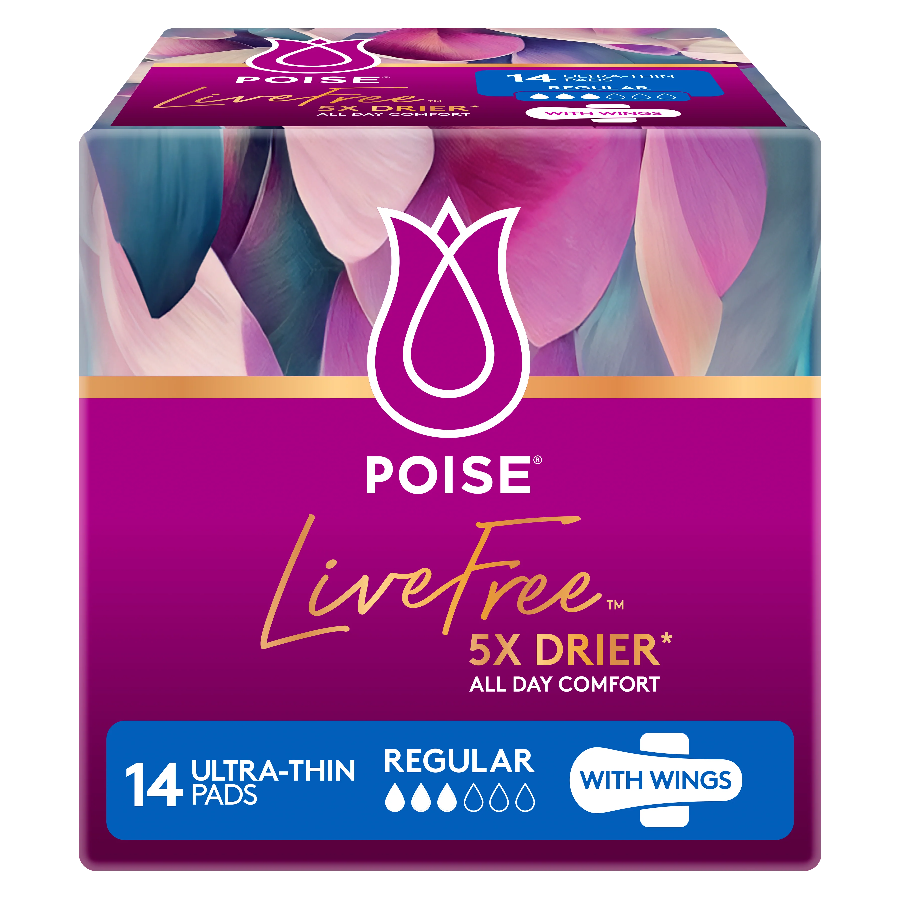 Poise LiveFree Regular Pads 110mL With Wings | Pack of 14