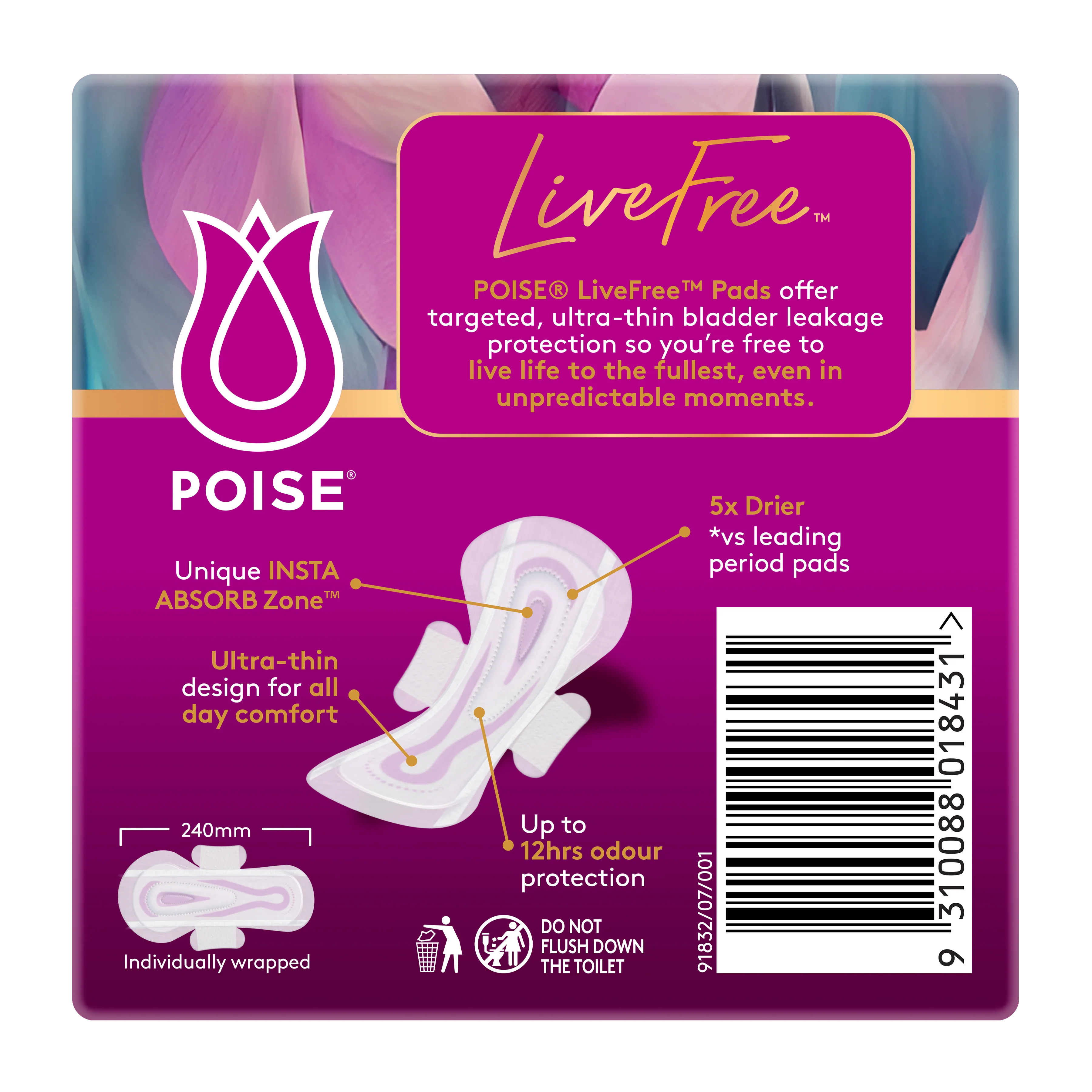 Poise LiveFree Regular Pads 110mL With Wings | Pack of 14 - Image 2