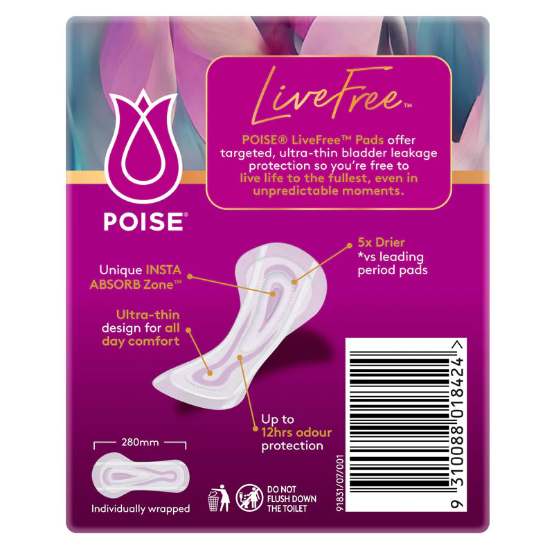Poise LiveFree Super Pads 150mL No Wings | Pack of 12 - Image 2